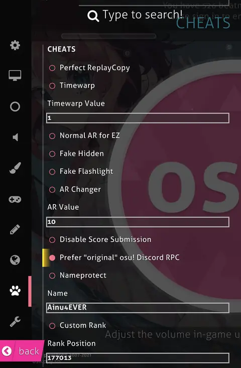 Ainu: Cheats menu with Perfect ReplayCopy, Timewarp, AR Changer, RPC and Nameprotect options