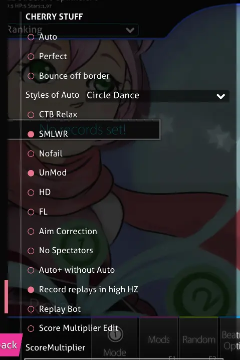 Ainu: the Cherry Stuff cheats menu with Auto, CTB Relax, SMLWR and a Replay Bot toggle