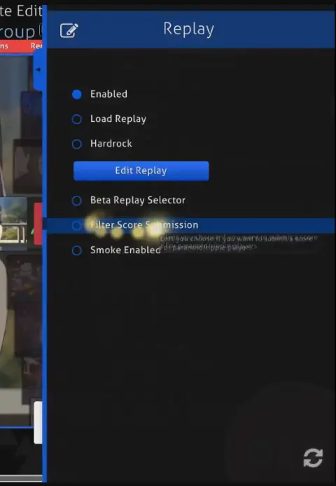 AQN V1's in-game sidebar showing the Replay panel