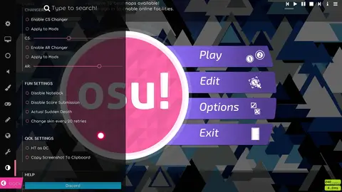 Arc's CS and AR changers with the fun settings and QOL toggles beside the osu! main menu