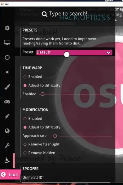 Chloe's HACK OPTIONS menu showing Presets, Time warp, Modification and the start of the Spoofer