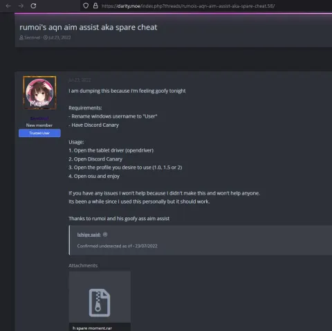 A browser screenshot of a clarity.moe forum thread titled rumoi's aqn aim assist aka spare cheat, posted by Sentinel on July 23, 2022, with a reply from Ichigo confirming it undetected