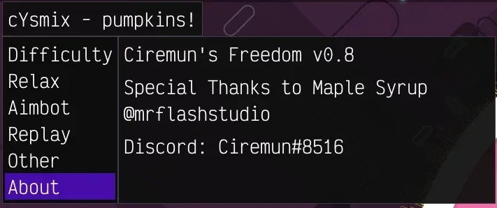 freedom overlay, About tab crediting Ciremun, Maple Syrup and MrFlashStudio