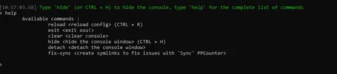 The hqOsu console help command listing its available commands