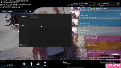 Malice's Misc panel with an Unload DLL button, overlaid on the osu! song select screen