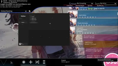 Malice's Replay Controls panel with Enable, Replay Aim, Replay Keys, Hardrock, and a Load Replay button