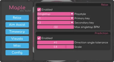 Maple dev build menu: Relax panel with singletap playstyle, primary and secondary keys, max singletap BPM, and a prediction panel