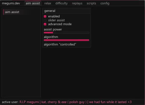 Auto Assist Megumi aim assist panel from the Discord-sourced build: enabled, slider assist, and advanced mode toggles, an assist power slider, and an algorithm slider set to controlled