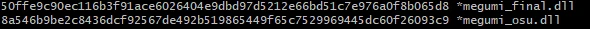 SHA-256 hash comparison text listing two Auto Assist Megumi builds: megumi_final.dll and megumi_osu.dll