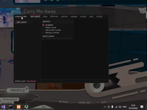 An Auto Assist Megumi developer build menu titled megumi.dev, active user developer, with tabs aim assist, relax, difficulty, rewrite, replays, scripts, misc, and config, and an aim assist panel showing enabled, slider assist, advanced mode, debug overlay, and assist power