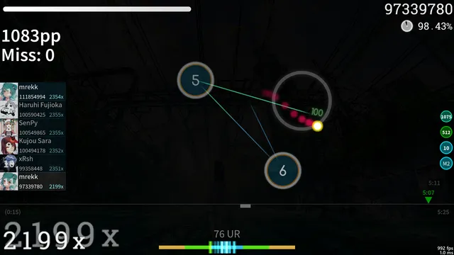 The neomod replay viewer mid-map, with live pp, misses, UR and the leaderboard