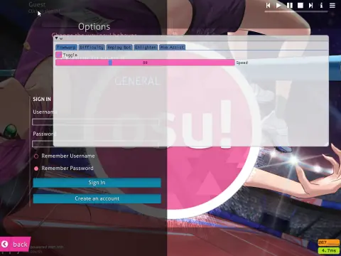 OsuAuth settings overlay drawn over the real osu! sign-in screen, with Timewarp, Difficulty, Replay Bot, Enlighten, and Aim Assist tabs, and a General panel with a toggle and a Speed slider set to 80