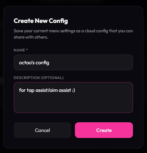 OSU!RISE Create New Config dialog for cloud config sharing