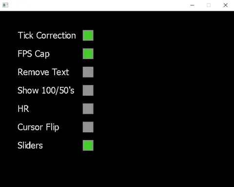 The F1 options menu listing Tick Correction, FPS Cap, Remove Text, Show 100/50's, HR, Cursor Flip and Sliders