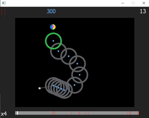 The rumoi replay editor at 4x speed over a stream of hitcircles